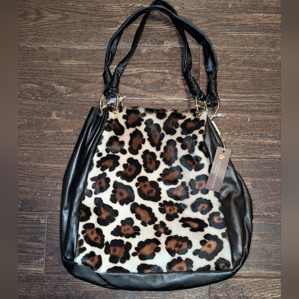 NWT Marco Buggiani Leather and Leopard Print Hide Hobo Shoulder Bag